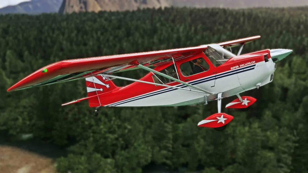 Tailwheel Airplane flying over forested mountainous terrain during flight training.